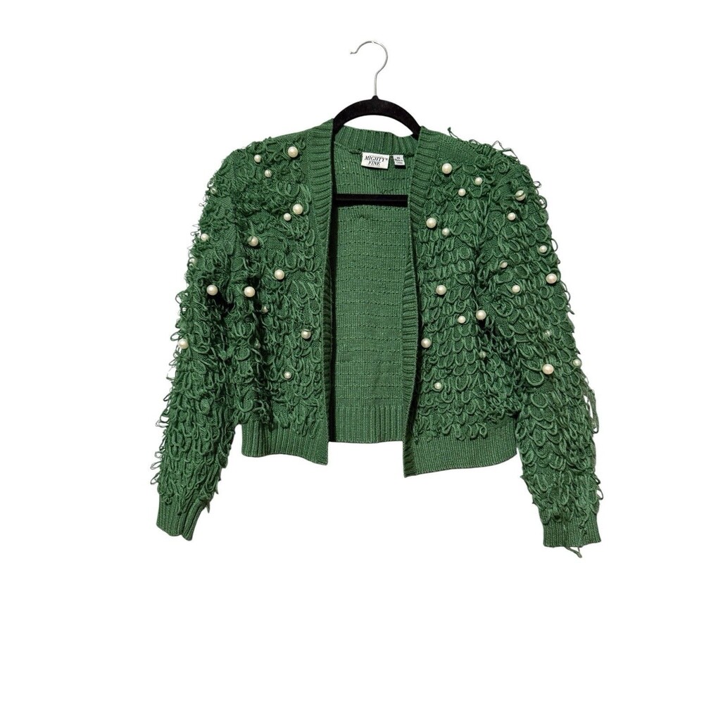 Mighty Fine XS Green Pearl Embellished Loop Knit Cropped Cardigan Sweater